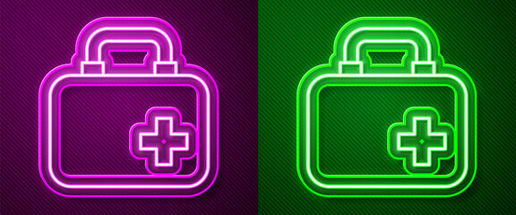 Glowing neon line First aid kit icon isolated on purple and green background. Medical box with cross. Medical equipment for emergency. Healthcare concept. Vector