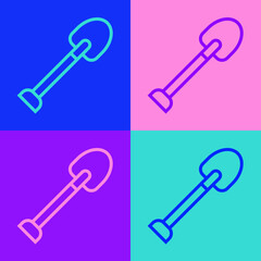 Pop art line Shovel icon isolated on color background. Gardening tool. Tool for horticulture, agriculture, farming. Vector