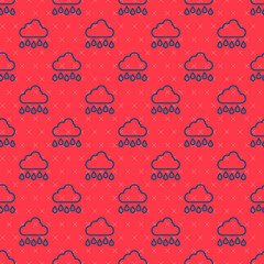 Blue line Cloud with rain icon isolated seamless pattern on red background. Rain cloud precipitation with rain drops. Vector