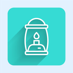 White line Camping lantern icon isolated with long shadow background. Green square button. Vector