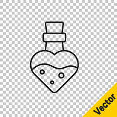 Black line Bottle with potion icon isolated on transparent background. Flask with magic potion. Happy Halloween party. Vector