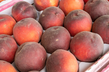 New harvest of fresh ripe yellow-red peaches fruits in Provence, France