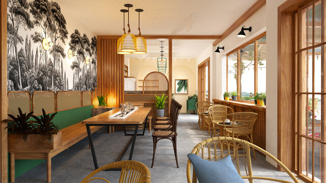 3d render of modern cafe restaurant