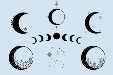 Hand Drawn Moon and Stars clipart. Floral Moon and Moon Passes. 