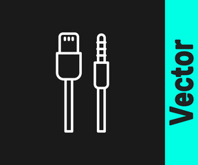 White line USB cable cord icon isolated on black background. Connectors and sockets for PC and mobile devices. Vector