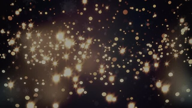 Animation of snowflakes and glowing yellow spots over black background