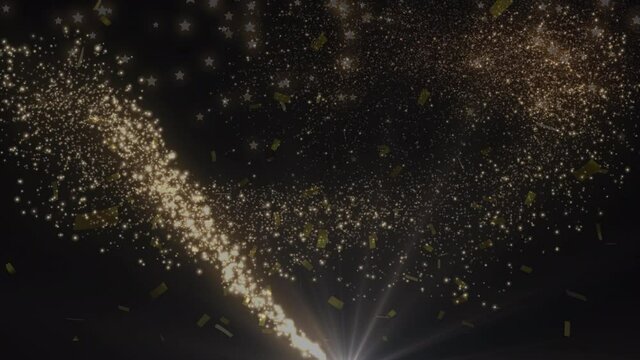 Animation of shooting star, confetti falling and glowing spots moving on black background