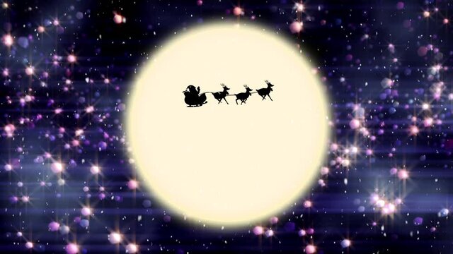 Snow falling over santa claus in sleigh being pulled by reindeers against moon and spots of light