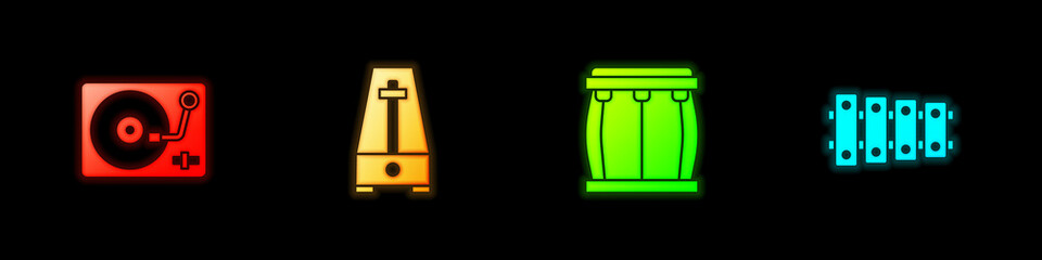 Set Vinyl player with vinyl disk, Metronome pendulum, Drum and Xylophone icon. Vector
