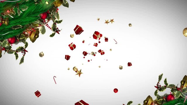 Animation of gifts falling over fir trees branches on white background