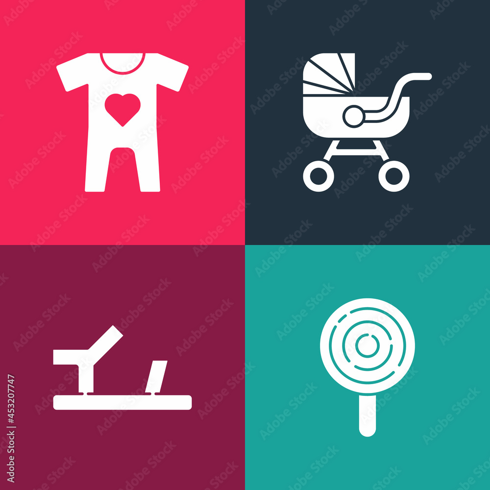 Wall mural Set pop art Lollipop, Baby shoes, stroller and clothes icon. Vector