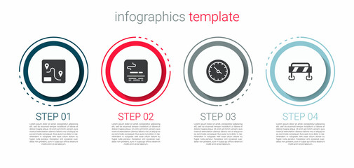 Set Route location, Smoking area, Train station clock and Road barrier. Business infographic template. Vector