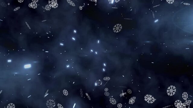 Digital animation of snowflakes against light trails on blue background