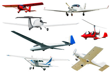 Flying boats, sailplanes, light planes on white background