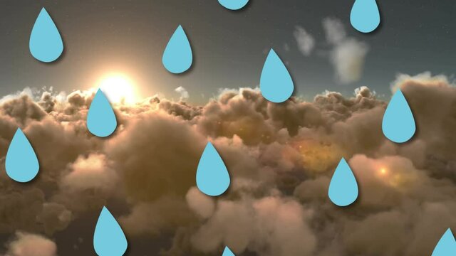 Animation of blue water drops falling over clouds and sunset sky