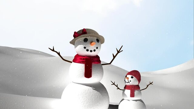 Animation of snowflakes falling over snowman in winter scenery