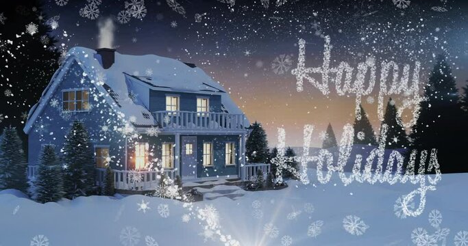 Happy holidays and snowflakes falling against shooting star over house on winter landscape