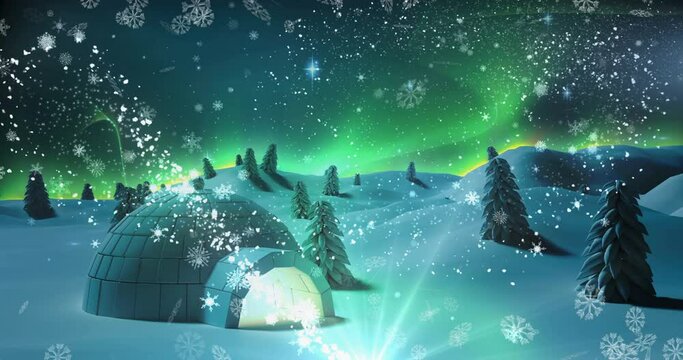 Animation of snow falling over igloo and winter scenery
