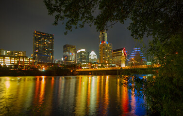 Fototapeta na wymiar View of Austin, Texas in USA downtown skyline. Reflection in water.
