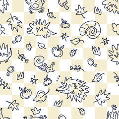 Seamless pattern of hedgehogs and autumn elements doodles on a checkered background. Perfect for fabric, scrapbooking, textile and prints. Hand drawn vector illustration for decor and design.

