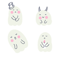 Hand drawing vector Halloween set of ghosts. Perfect for T-shirt, textile and prints. Doodle illustration for decor and design.