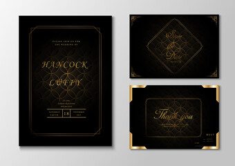  Luxury wedding invitation card template. Elegant of black dark background with golden frame