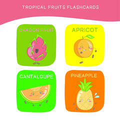 Tropical fruits Flashcards for Children. Cute fruit flashcards for children. Tropical fruit collections flashcards. Printable game cards. Vector illustration.