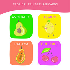 Tropical fruits Flashcards for Children. Cute fruit flashcards for children. Tropical fruit collections flashcards. Printable game cards. Vector illustration.