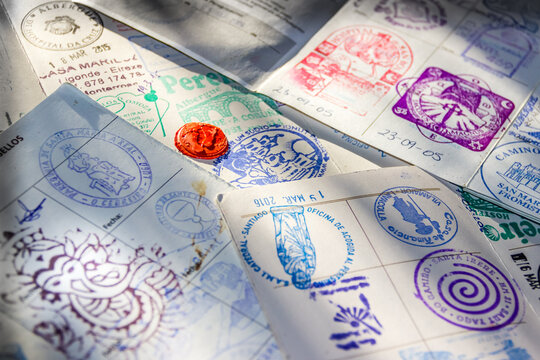 Stamps inside the Pilgrim Passport Credencial del Peregrino Document for the Way of St James Camino de Santiago Pilgrimage Trail