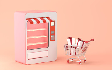 Empty vending machine and presents with pink background, 3d rendering. - obrazy, fototapety, plakaty