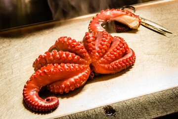 Famous Galician Style Boiled Squid Octopus Being Prepared in the Traditional Restaurant Pulperia...