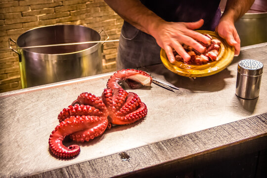 Famous Galician Style Boiled Squid Octopus Being Prepared in the Traditional Restaurant Pulperia Ezequiel in Melide, along the Way of St James Pilgrim Trail Camino de Santiago