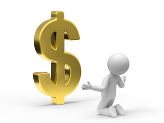 3d man kneels down to the big dollar sign.