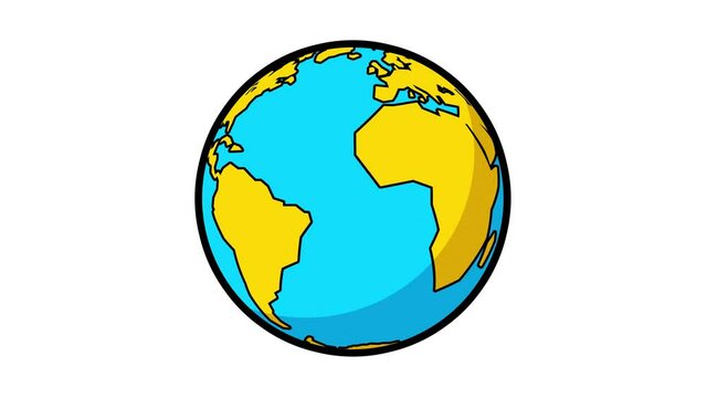 Earth cartoon 2d with outline flat animation. Rotating yellow blue planet. Good for modern explainer, educational or business film, titles, etc. Isolated.

