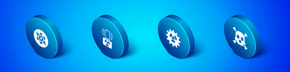 Set Isometric Atom, Radioactive, Bones and skull warning and lamp icon. Vector