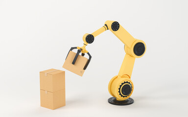 The robotic arm picks up the box, 3d rendering.