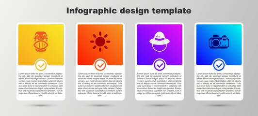 Set Mexican mayan or aztec mask, Sun, Camping hat and Photo camera. Business infographic template. Vector
