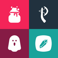 Set pop art Magic stone, Ghost, Wooden axe and Witch cauldron icon. Vector