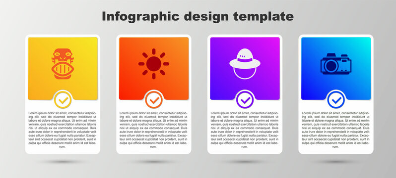 Set Mexican mayan or aztec mask, Sun, Camping hat and Photo camera. Business infographic template. Vector