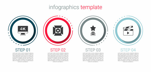 Set Screen tv with 4k, Movie spotlight, trophy and clapper. Business infographic template. Vector