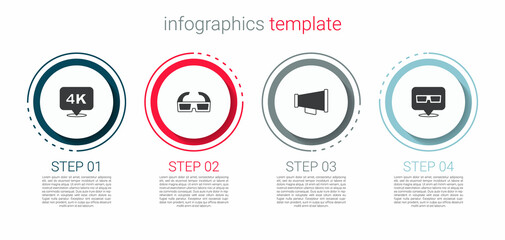 Fototapeta premium Set 4k Ultra HD, 3D cinema glasses, Megaphone and . Business infographic template. Vector