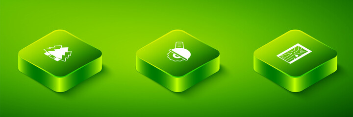 Obraz premium Set Isometric Electric circular saw, Closed door and Christmas tree icon. Vector