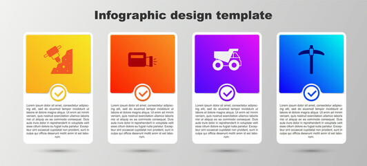 Set Construction jackhammer, Flashlight, Mining dump truck and Pickaxe. Business infographic template. Vector