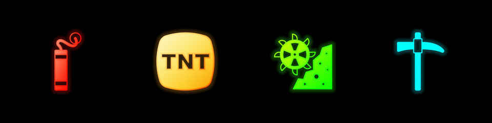 Set Dynamite, Bucket wheel excavator and Pickaxe icon. Vector