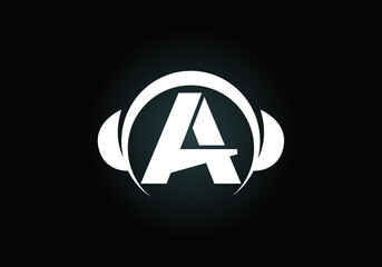 Initial A monogram alphabet with a headphone. Headphone Logo. Music sign symbol. Font emblem. Design element for poster, banner, t-shirt, notebook cover, sticker, greeting card, bag, badge.