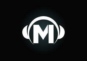 Initial M monogram alphabet with a headphone. Headphone Logo. Music sign symbol. Font emblem. Design element for poster, banner, t-shirt, notebook cover, sticker, greeting card, bag, badge.