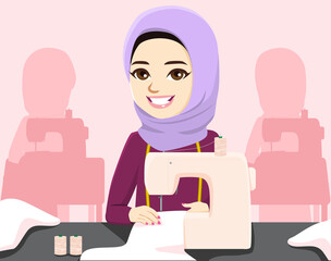 Muslim professional tailor woman working sewing clothes with sewing machine on workshop