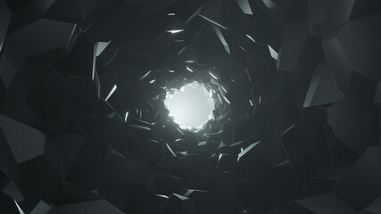 Dark stone cave. Tunnel with light in the end. 3D rendering