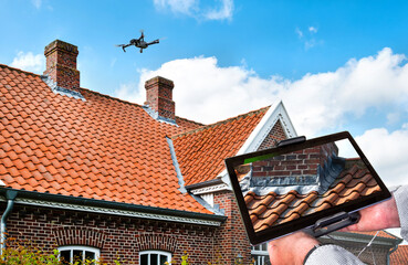 Drone in the air inspecting the roof over the house. Close-up of drone and roof. - obrazy, fototapety, plakaty