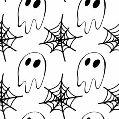 Vector halloween ghost, cobweb seamless pattern isolated on white background. Cute illustration for seasonal design, textile, decoration kids playroom or greeting card. Hand drawn prints and doodle.